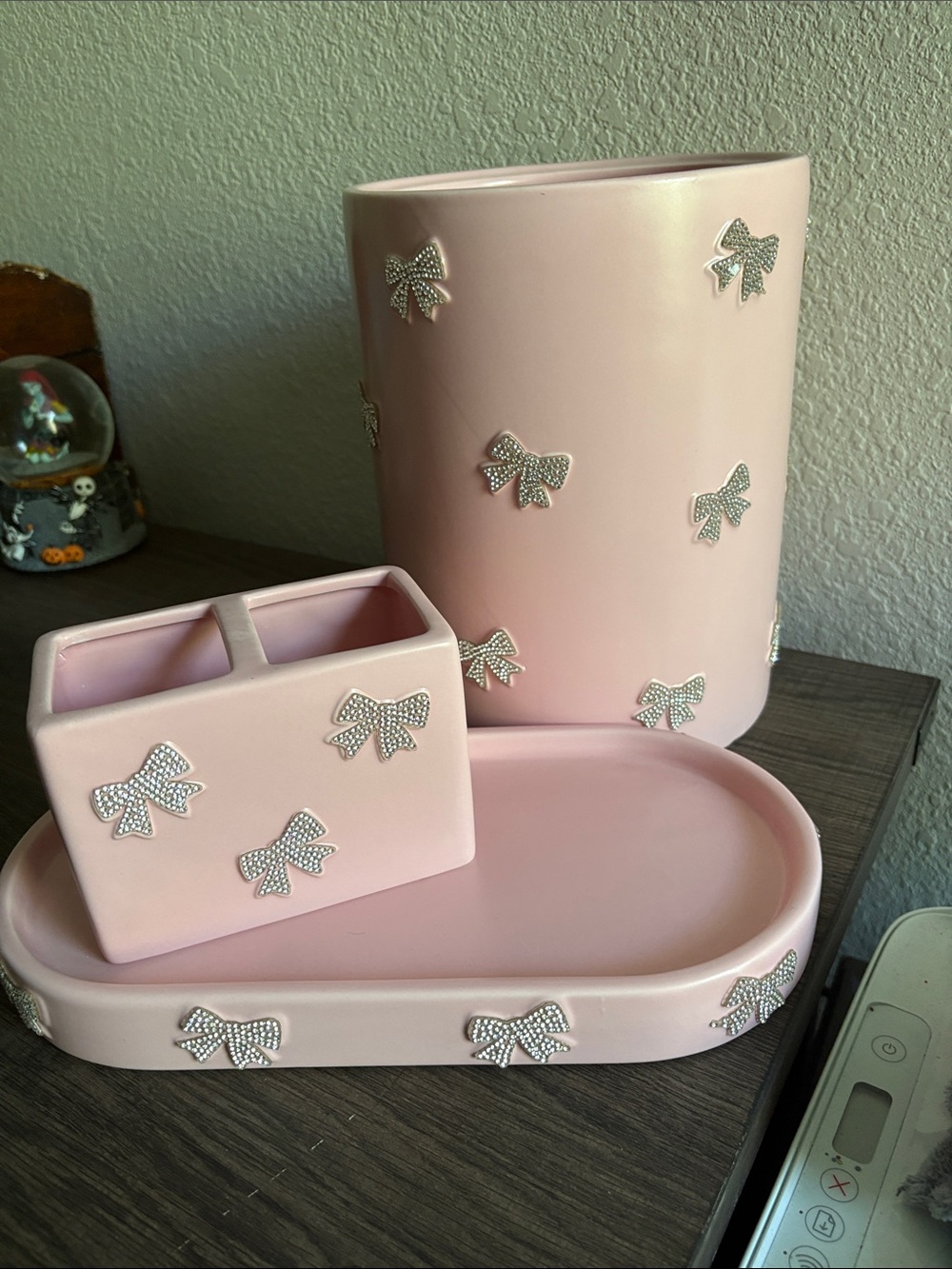 Elegant Pink Ceramic Bath Accessory Set with Rhinestone Bows
